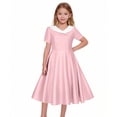 thumbnail image 1 of XUNKUSGA Summer Dress Classic Soild Color Buttoned Slim Fit Swing Dress 1950S Retro Dress Short Sleeve Shawl Collar Girls Dresses for Party Wedding,Pink,9-10 Years, 1 of 6