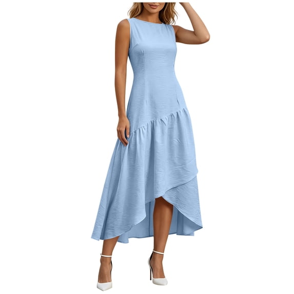 XUNKUSGA Summer Dress Fashion Boat Neck Sleeveless Ruffle Flowy Asymmetrical Hem Dresses for Women Solid Color Cotton Linen Midi Dress for Beach,Party,Cocktail,Blue,L