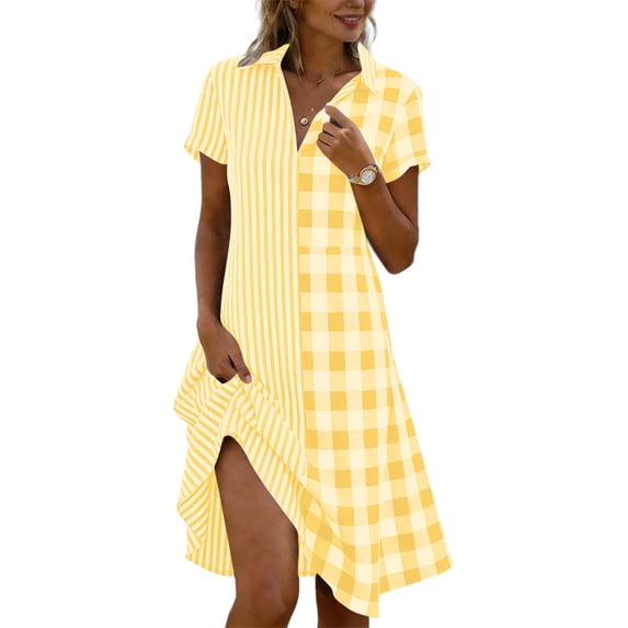 XUNKUSGA Summer Dresses Fashion Striped & Plaid Color Block Button Down Shirt Dresses for Women Comfortable Casual Short Sleeve A Line Midi Dress,Yellow,2XL