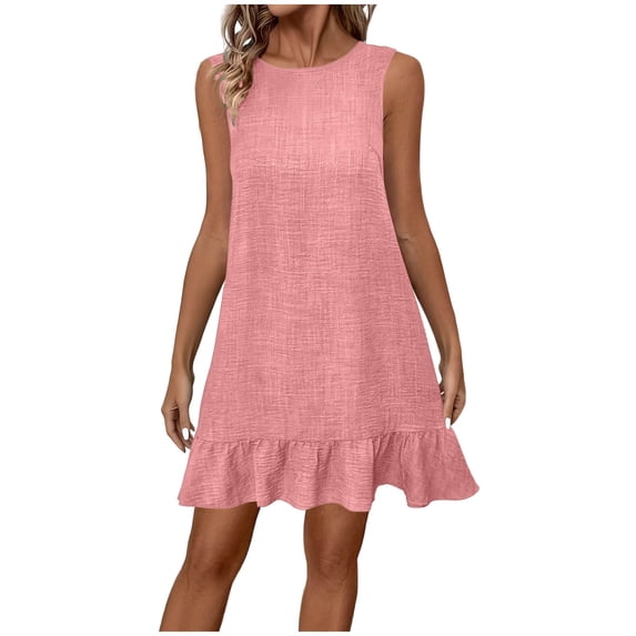 XUNKUSGA Summer Dresses for Women 2026 Trendy Tie Back Crew Neck Sleeveless Tank Dress Classic Soild Color Ruffle Hem Flowy Mini Dress for Party,Pink,2XL