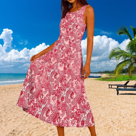 XUNKUSGA Summer Dresses for Women Fashion Floral Long Dresses Casual Sleeveless Flowy Aline Maxi Dresses with Pockets Casual Loose Tank Dresses S-2XL,Pink