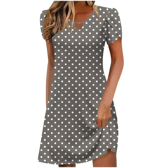 XUNKUSGA Summer Dresses for Women 2025 Leaf Sleeves Round Neck Hollow Neckline Dress Fashion Casual Polka Dot Sundress