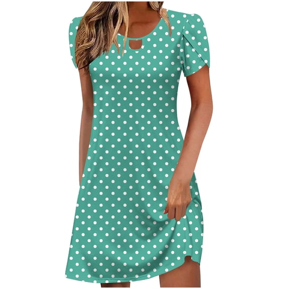 XUNKUSGA Summer Dresses for Women 2025 Leaf Sleeves Round Neck Hollow Neckline Dress Fashion Casual Polka Dot Sundress