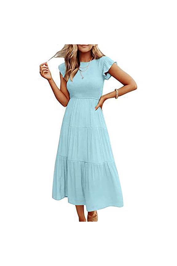 Summer Dresses for Women 2025 Ruffle Tiered Midi Dresses A Line Smocked Sundress Crew Neck Boho Dresses Spring Going Out S-XXL