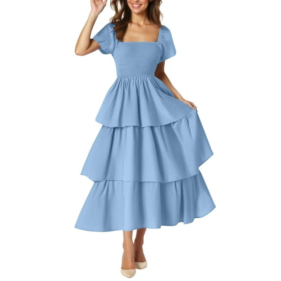 XUNKUSGA Summer Dresses for Women 2025 Solid Color Maxi Dress Square Neck Puff Sleeve Wedding Guest Dresses Ruffle Tiered Casual Beach Dresses