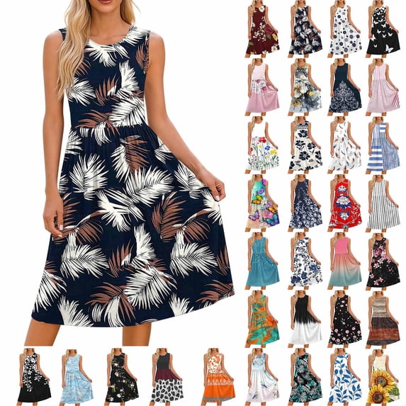 XUNKUSGA Summer Dresses for Women Fashion Floral Print Sleeveless A-Line Pleated Midi Sun Dresses Casual Loose Flowy Beach Vacation Tank Dresses
