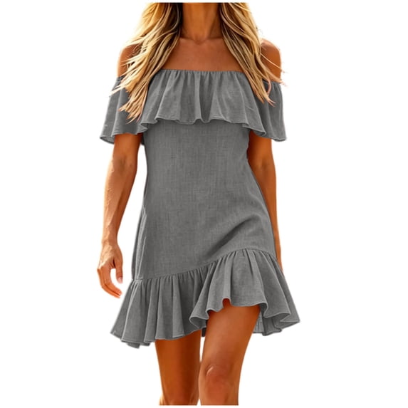 XUNKUSGA Summer Dresses for Women Fashion Off Shoulder Ruffle Neck Mini Beach Dress Classic Solid Color Slim Fit Ruffle Hem Sun Dresses Women,Gray,XL