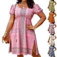 thumbnail image 1 of XUNKUSGA Summer Plus Size Dresses Vintage Print Boho Dress Classic Crewneck Puff Sleeve Beach Dresses for Women Fashion Split Hem Sun Dresses Women,Orange,M, 1 of 7