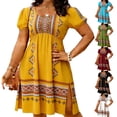 thumbnail image 1 of XUNKUSGA Summer Plus Size Dresses Vintage Print Boho Dress Classic Crewneck Puff Sleeve Beach Dresses for Women Fashion Split Hem Sun Dresses Women,Yellow,M, 1 of 7