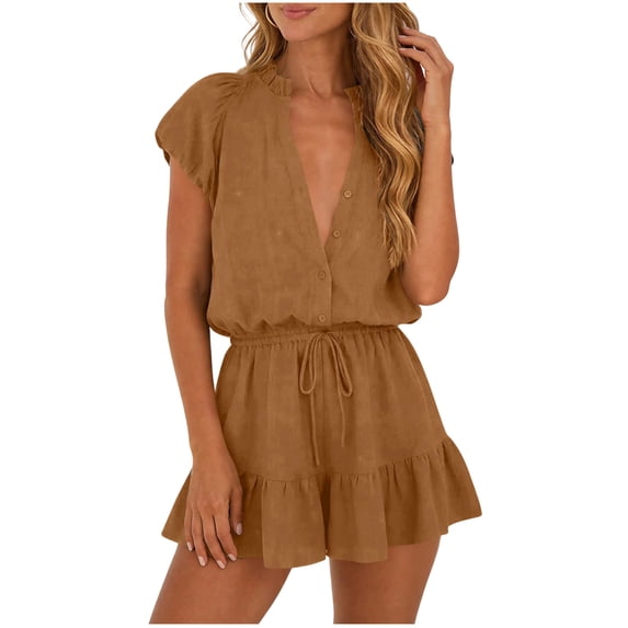XUNKUSGA Summer Romper Dress Classic Soild Color V Neck Button Down Puff Short Sleeves Drawstring Mini Dress Cute Layer Ruffle Hem Rompers for Women,Brown,S