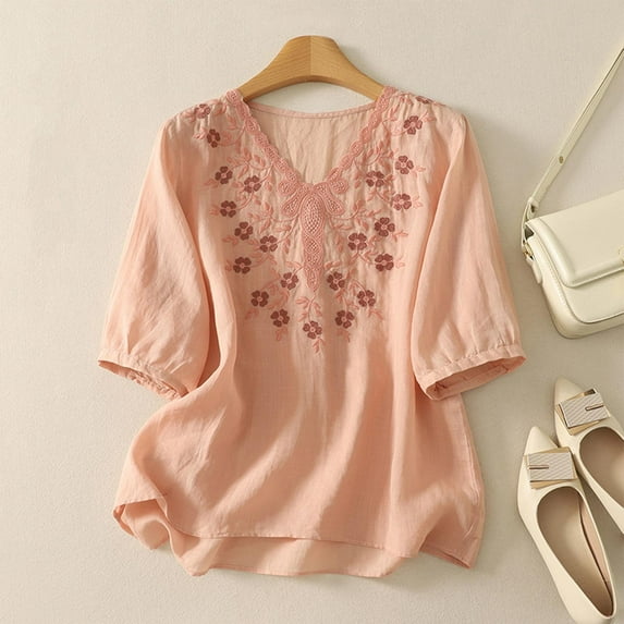 XUNKUSGA Summer Tops for Women Casual V Neck Short Sleeve Tops Cotton Linen Embroidery Floral Fashionable Vacation Blouse