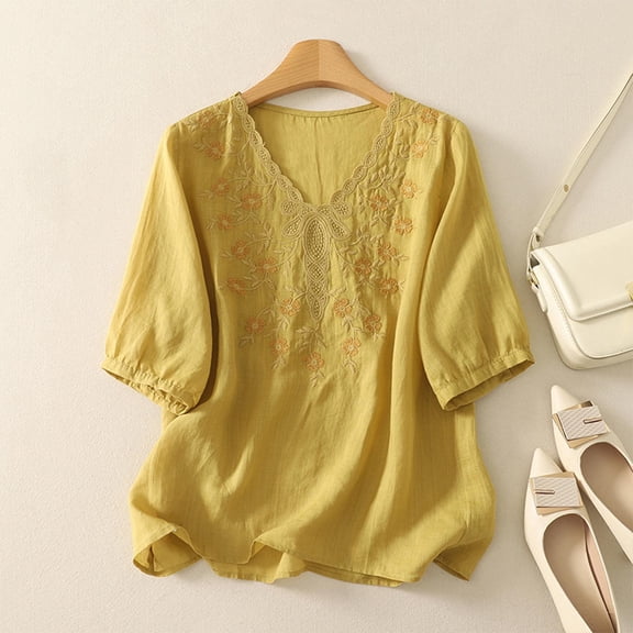 XUNKUSGA Summer Tops for Women Casual V Neck Short Sleeve Tops Cotton Linen Embroidery Floral Fashionable Vacation Blouse