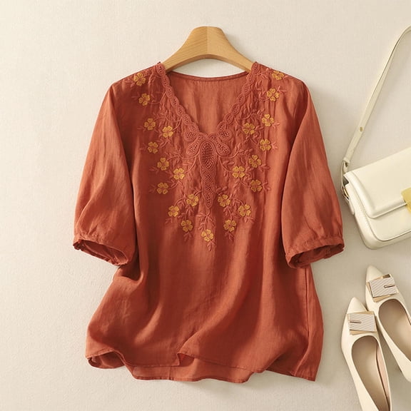 XUNKUSGA Summer Tops for Women Casual V Neck Short Sleeve Tops Cotton Linen Embroidery Floral Fashionable Vacation Blouse