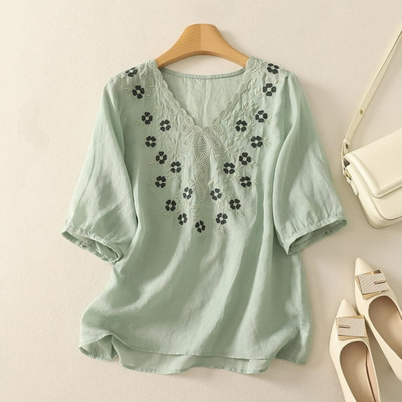 XUNKUSGA Summer Tops for Women Casual V Neck Short Sleeve Tops Cotton Linen Embroidery Floral Fashionable Vacation Blouse