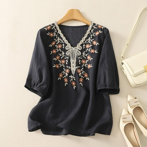 XUNKUSGA Summer Tops for Women Casual V Neck Short Sleeve Tops Cotton Linen Embroidery Floral Fashionable Vacation Blouse