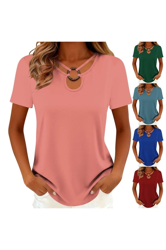 Summer Tops for Women Trendy Cut Out Ring Keyhole Neck Short Sleeve Women's Tops Casual Soild Color Regular Blouses for Women,M