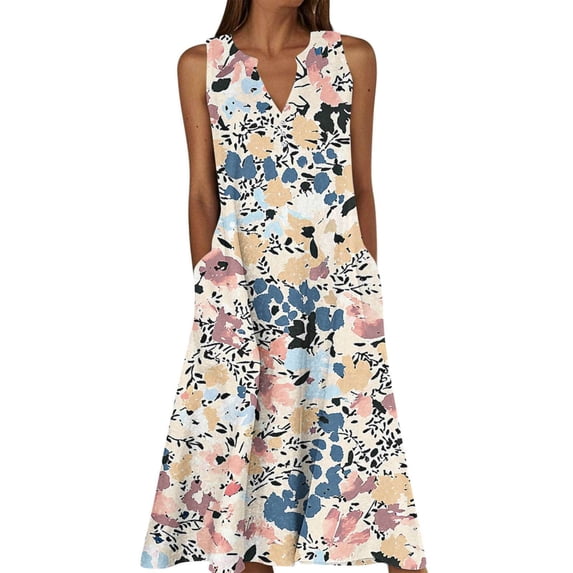 XUNKUSGA Sundresses for Women Summer Casual Sleeveless Notch V Neck Floral Boho Tank Midi Dress Loose A Line Beach Maxi Dress with Pockets,Pink,2XL