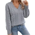thumbnail image 1 of XUNKUSGA Sweaters for Women Casual V Neck Long Sleeve Women's Sweaters Fashion Cable Knit Chunky Pullover Sweaters Loose Comfortable Solid Color Fall Sweaters S-XL Gray, 1 of 8