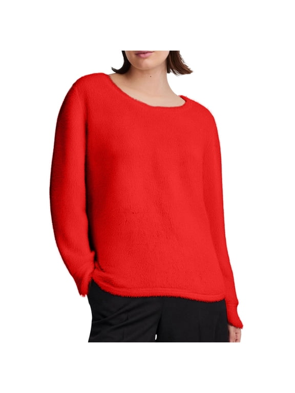 Sweaters for Women Warm Fleece Lined Plush Women Sweaters Casual Crewneck Long Sleeve Fall Sweaters Lightweight Loose Fit Oversized Sweaters S-5XL Red