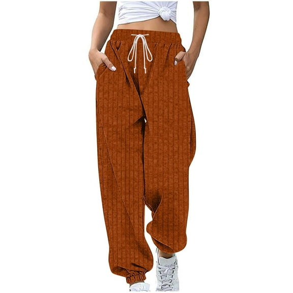 XUNKUSGA Sweatpants Women Rib Knit High Waisted Drawstring Pants for Women Lightweight Comfy Workout Women's Pants with Pockets Fashion Solid Color Cinch Bottom Womens Leggings