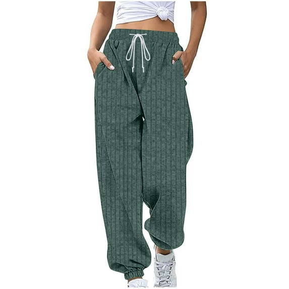 XUNKUSGA Sweatpants Women Rib Knit High Waisted Drawstring Pants for Women Lightweight Comfy Workout Women's Pants with Pockets Fashion Solid Color Cinch Bottom Womens Leggings