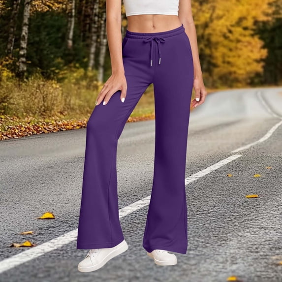 XUNKUSGA Sweatpants Women Soft Wide Leg Trousers for Women Casual Elastic Drawstring High Waist Sweat Pants Classic Soild Color Travel Pants Women with Pockets Women's Bootcut Sweatpants S-2XL Purple