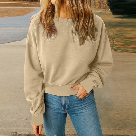 XUNKUSGA Sweatshirt for Women Crewneck Long Sleeve Pullover Sweatshirt Trendy Loose Fit Fall Shirts for Women Casual Solid Color Short Sweatshirt Women S-2XL