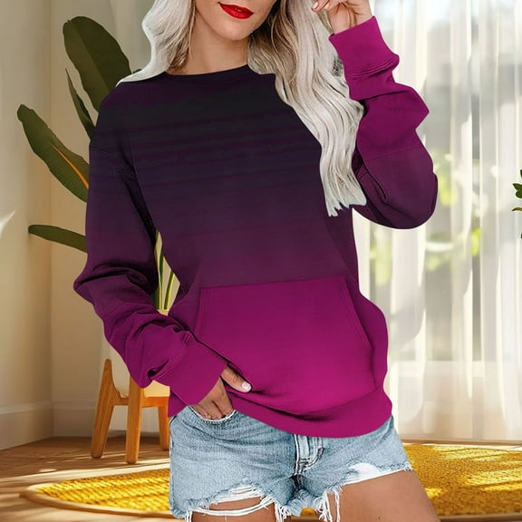 XUNKUSGA Sweatshirt for Women Fashion Loose Gradient Pullover Sweatshirt Soft Long Sleeve Sweatshirt Women with Pocket Casual Dropped Shoulder Women's Clothing S-2XL