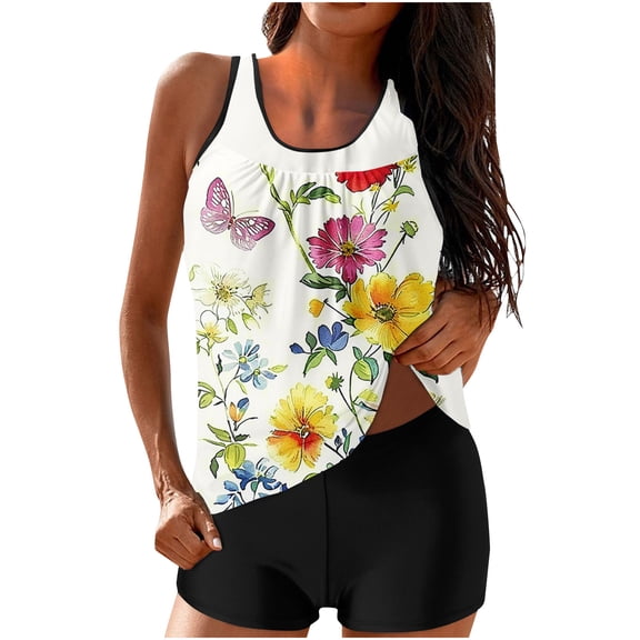 XUNKUSGA Swimsuit for Women Tummy Control Classic Conservative Floral Bathing Suits for Women Fashion Two Piece Set Flowy Swim Tops With Boyshorts for Surfing Beach Honeymoon Summer Vacation S-2XL