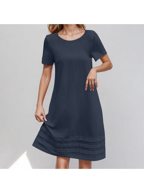 T Shirt Dress Casual Soild Color Women Summer Dresses Plain Simple Loose Mini Dresses Classic Short Sleeve Crewneck Pleated Hem Comfortable Soft A-Line Dresses S-2XL Blue