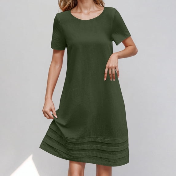 XUNKUSGA T Shirt Dress Casual Soild Color Women Summer Dresses Plain Simple Loose Mini Dresses Classic Short Sleeve Crewneck Pleated Hem Comfortable Soft A-Line Dresses S-2XL Green