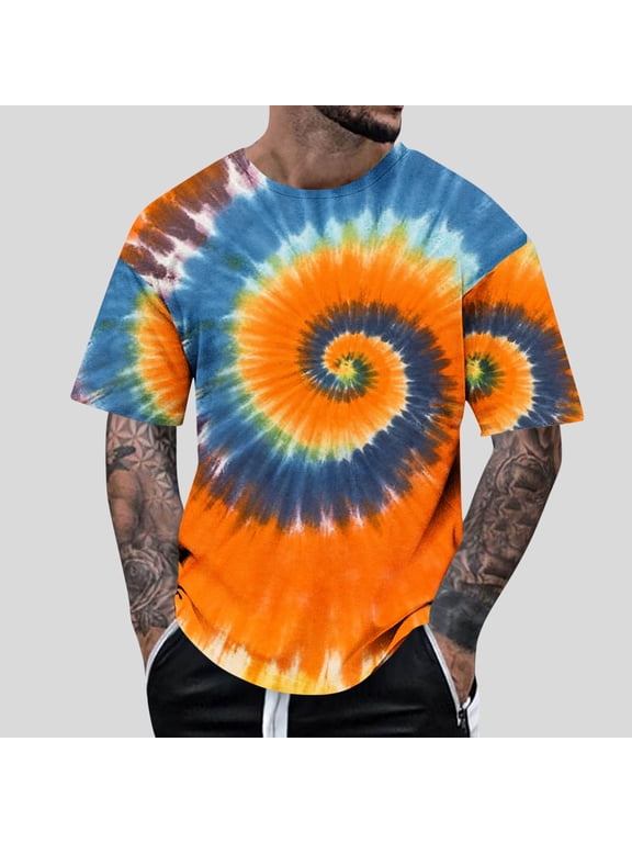 T Shirts for Man Fashion Tie Dye Men's T Shirts Casual Short Sleeve Crewneck Top Men Soft Comfortable Pullover Top for Outdoor Sports Vacations or Daily M-4XL Orange