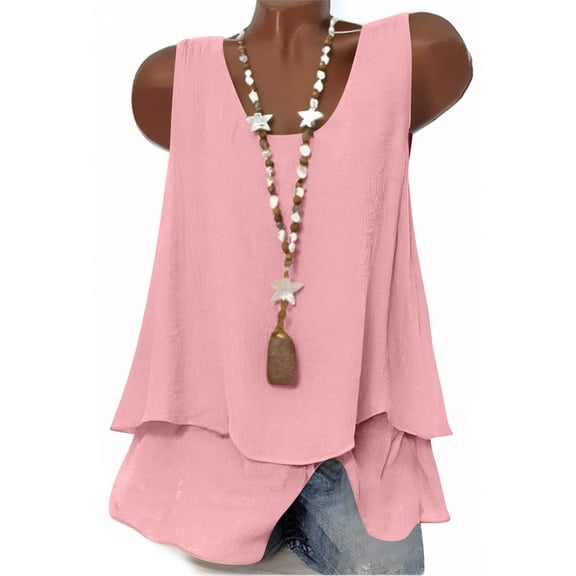 XUNKUSGA Tank Tops Classic Flowy Soild Color Cotton Linen Tank Tops for Women Casual Sleeveless Round Neck Tiered Hem Tunic Tops for Women Loose Fit Dressy Pink