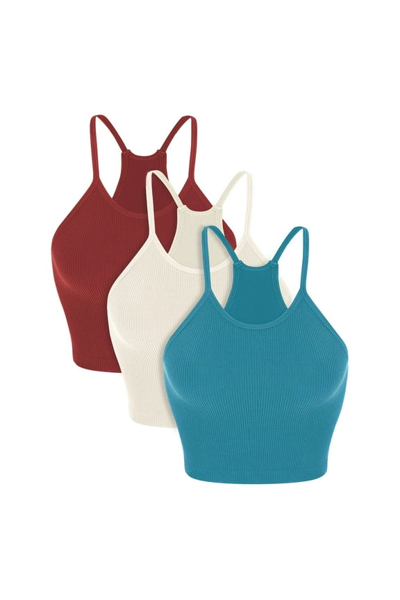 Tank Tops for Women Pack of 3 Ribbed Seamless Stretchy Spaghetti Strap Top Bodycon Rib-Knit Camisole Solid Color Racerback Cropped Tank Tops 2025