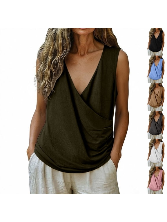 Tank Tops for Women Fashion Wrap V Neck Sleeveless Blouses for Women Lightweight Casual Solid Color Cotton Linen Womens Summer Tops,M