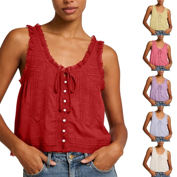 XUNKUSGA Tank Tops for Women Summer Boho Lace Tie Front V Neck Going Out Tops Casual Loose Cotton Linen Button Down Sleeveless Y2k Tops for Beach,M