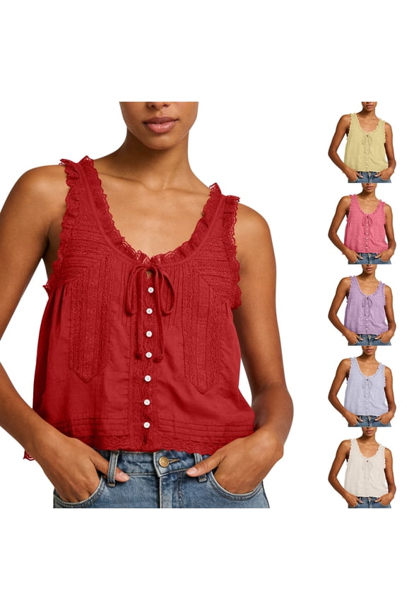 Tank Tops for Women Summer Boho Lace Tie Front V Neck Going Out Tops Casual Loose Cotton Linen Button Down Sleeveless Y2k Tops for Beach,S