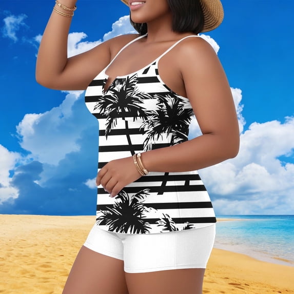 XUNKUSGA Tankini Swimsuits for Women Casual Spaghetti Strap Top with Boyshorts Plus Size Swimsuit Fashion Color Block Womens Tankini Bathing Suits XL-219XL