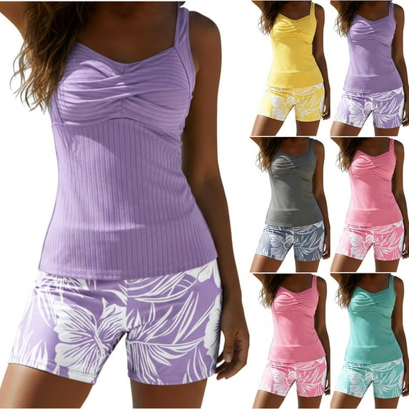 XUNKUSGA Tankini Swimsuits for Women Casuasl Solid Color Slim Tank Tops and Floral Shorts Classic Women Swimsuits Tummy Control Two Piece Bathing Suits Top with Boyshorts S-3XL Pink