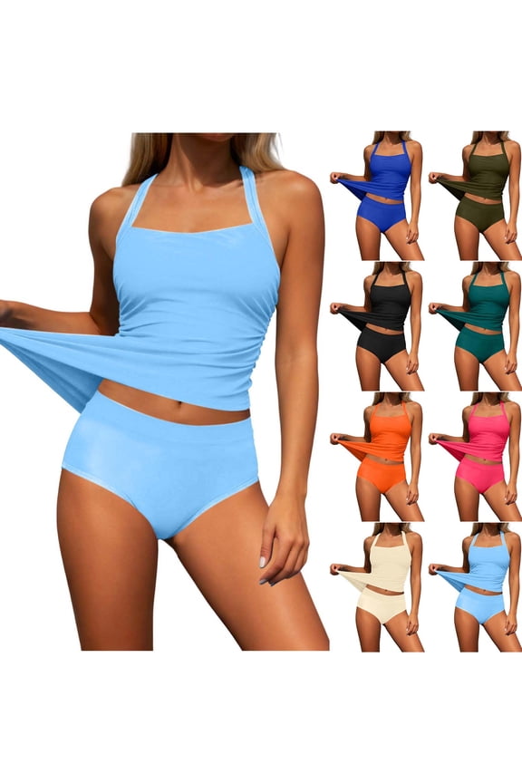 Tankini Swimsuits for Women Classic Soild Color Slim Fit Push Up Square Neck Halter Swim Top with High Waisted Bottom Two Piece Bathing Suits,Black,S
