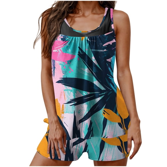 XUNKUSGA Tankinis Swimwear for Women Fashion Floral Women's Conservative Tankini Swimsuit Two-Piece Tank Top Swimwear with Boyshorts Set for Vacations Swimming Spa Beachwear S-2XL