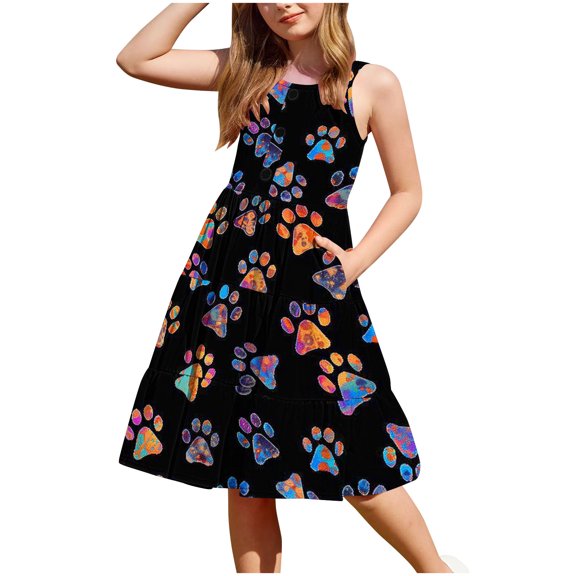 XUNKUSGA Toddler Girl Summer Dresses Casual Sleeveless Button Down Beach Dresses Graphic/Tie Dye Sundresses Swing Flowy Tiered Midi Sundress with Pockets 2-12 Years