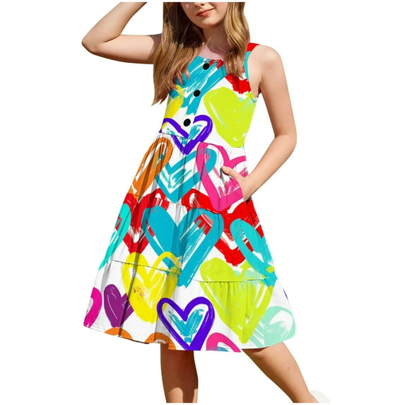 XUNKUSGA Toddler Girl Summer Dresses Casual Sleeveless Button Down Beach Dresses Graphic/Tie Dye Sundresses Swing Flowy Tiered Midi Sundress with Pockets 2-12 Years