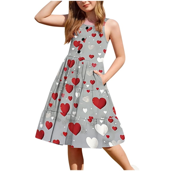 XUNKUSGA Toddler Girl Summer Dresses Casual Sleeveless Button Down Beach Dresses Graphic/Tie Dye Sundresses Swing Flowy Tiered Midi Sundress with Pockets 2-12 Years