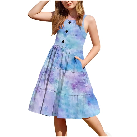 XUNKUSGA Toddler Girl Summer Dresses Casual Sleeveless Button Down Beach Dresses Graphic/Tie Dye Sundresses Swing Flowy Tiered Midi Sundress with Pockets 2-12 Years