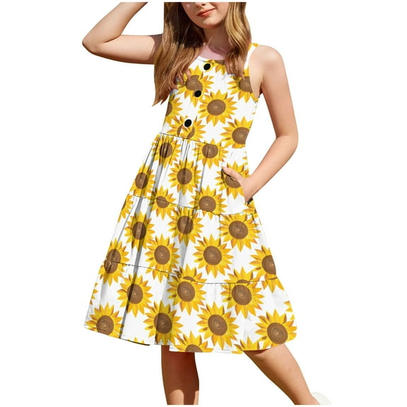 XUNKUSGA Toddler Girl Summer Dresses Casual Sleeveless Button Down Beach Dresses Graphic/Tie Dye Sundresses Swing Flowy Tiered Midi Sundress with Pockets 2-12 Years