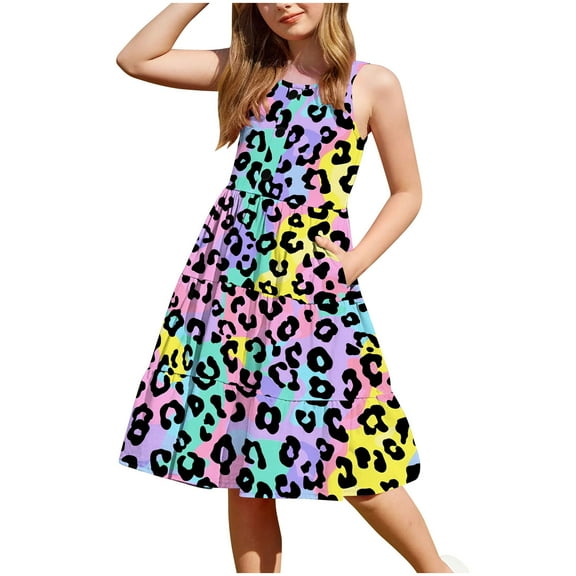 XUNKUSGA Toddler Girl Summer Dresses Casual Sleeveless Button Down Beach Dresses Graphic/Tie Dye Sundresses Swing Flowy Tiered Midi Sundress with Pockets 2-12 Years