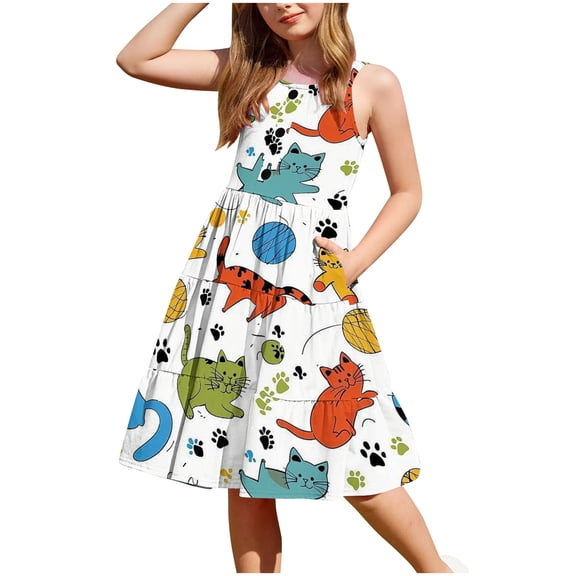 XUNKUSGA Toddler Girl Summer Dresses Casual Sleeveless Button Down Beach Dresses Graphic/Tie Dye Sundresses Swing Flowy Tiered Midi Sundress with Pockets 2-12 Years