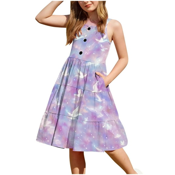 XUNKUSGA Toddler Girl Summer Dresses Casual Sleeveless Button Down Beach Dresses Graphic/Tie Dye Sundresses Swing Flowy Tiered Midi Sundress with Pockets 2-12 Years