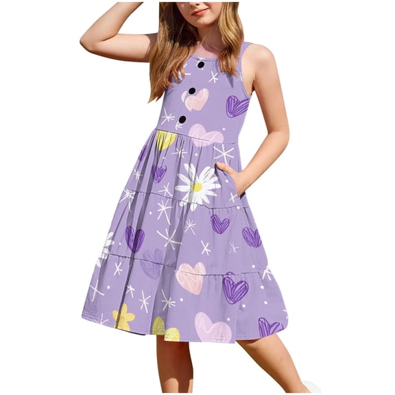 XUNKUSGA Toddler Girl Summer Dresses Casual Sleeveless Button Down Beach Dresses Graphic/Tie Dye Sundresses Swing Flowy Tiered Midi Sundress with Pockets 2-12 Years